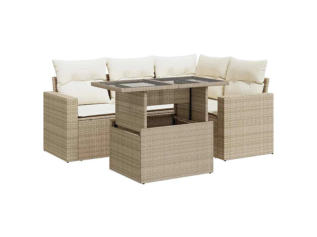 Set Divano da Giardino 5 pz con Cuscini Beige in Polyrattan