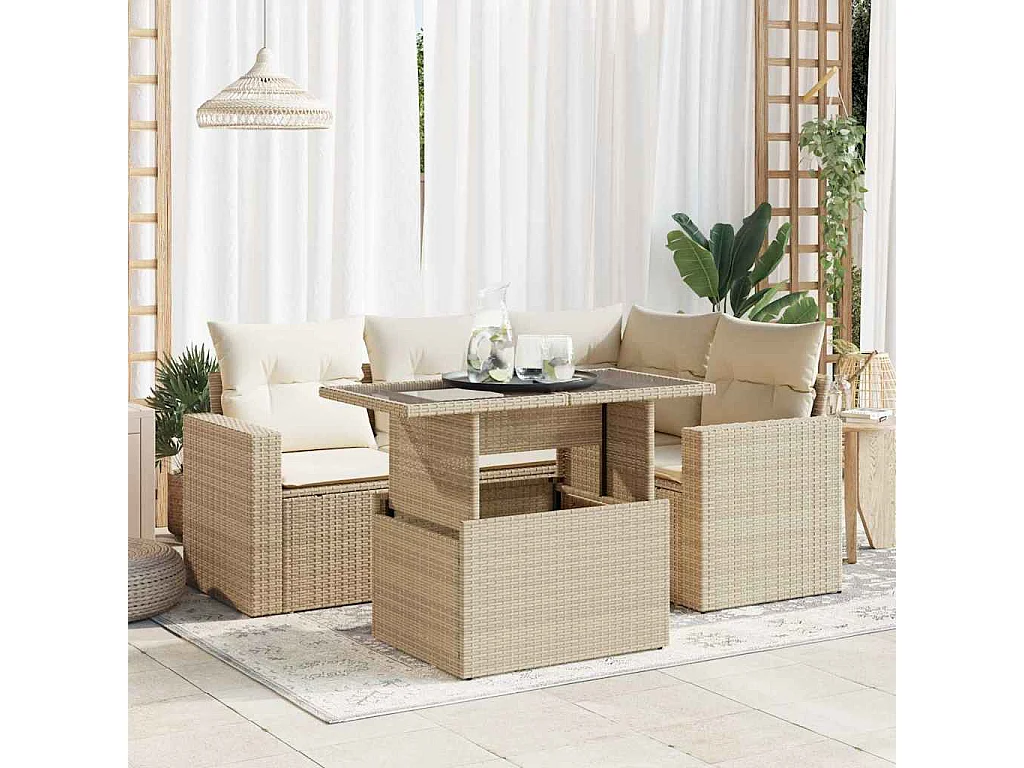Set Divano da Giardino 5 pz con Cuscini Beige in Polyrattan