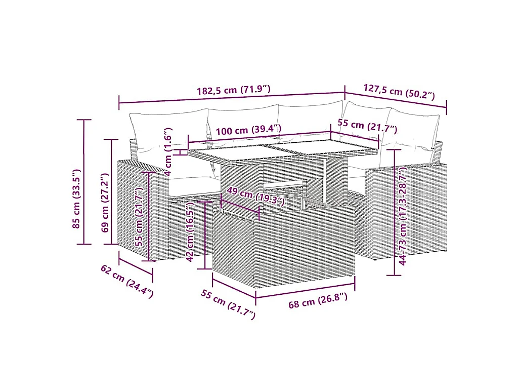 Set Divano da Giardino 5 pz con Cuscini Beige in Polyrattan