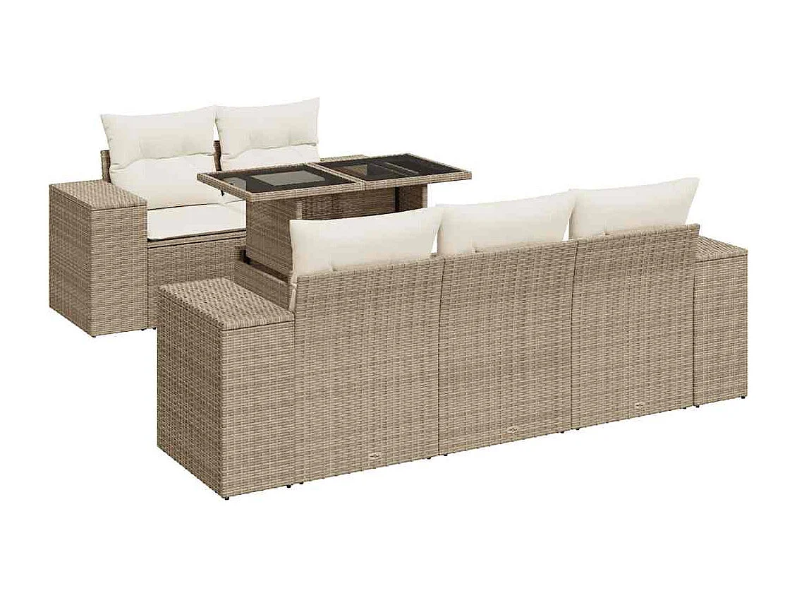 6 pcs conjunto de sofás p/ jardim com almofadões vime PE bege