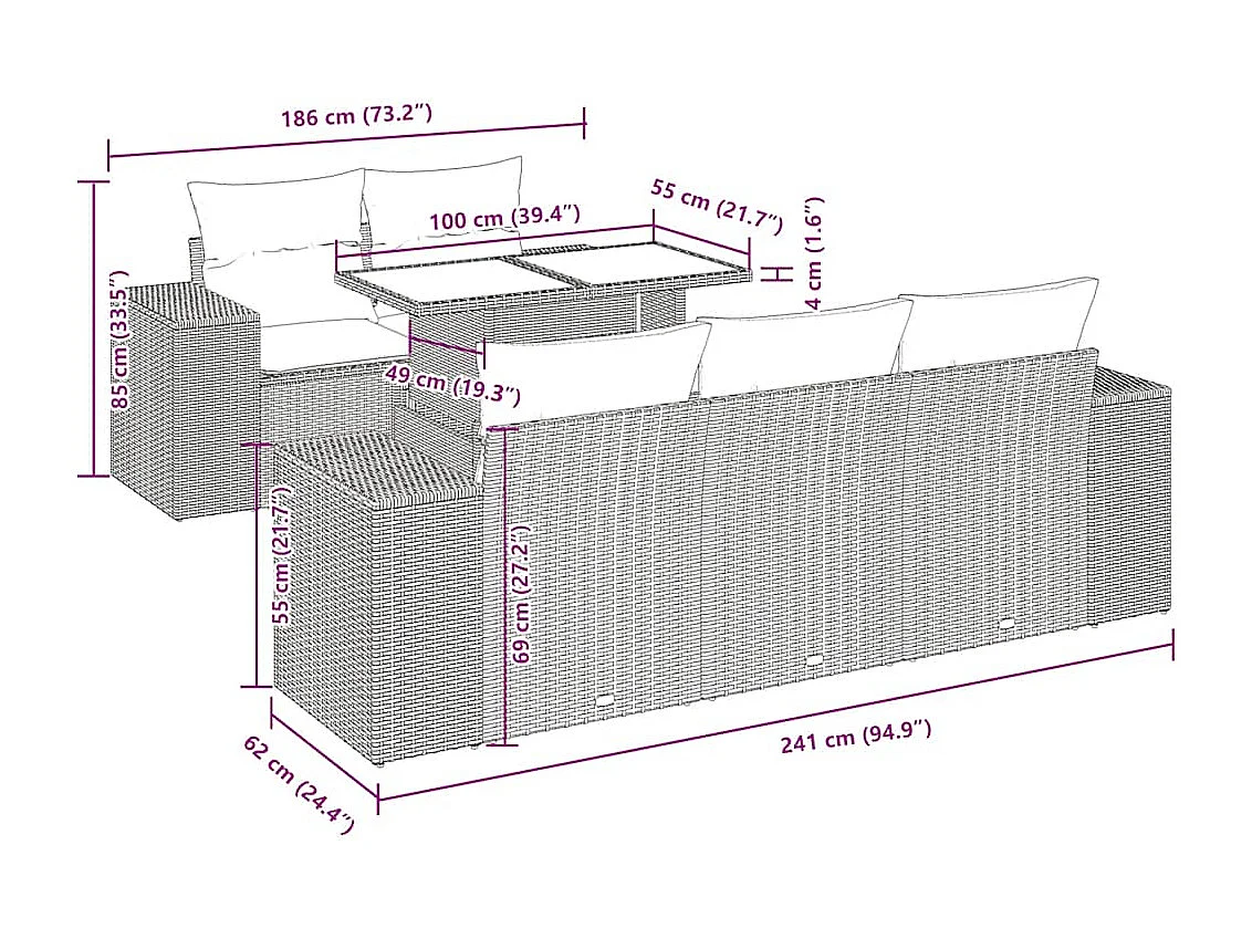 6 pcs conjunto de sofás p/ jardim com almofadões vime PE bege
