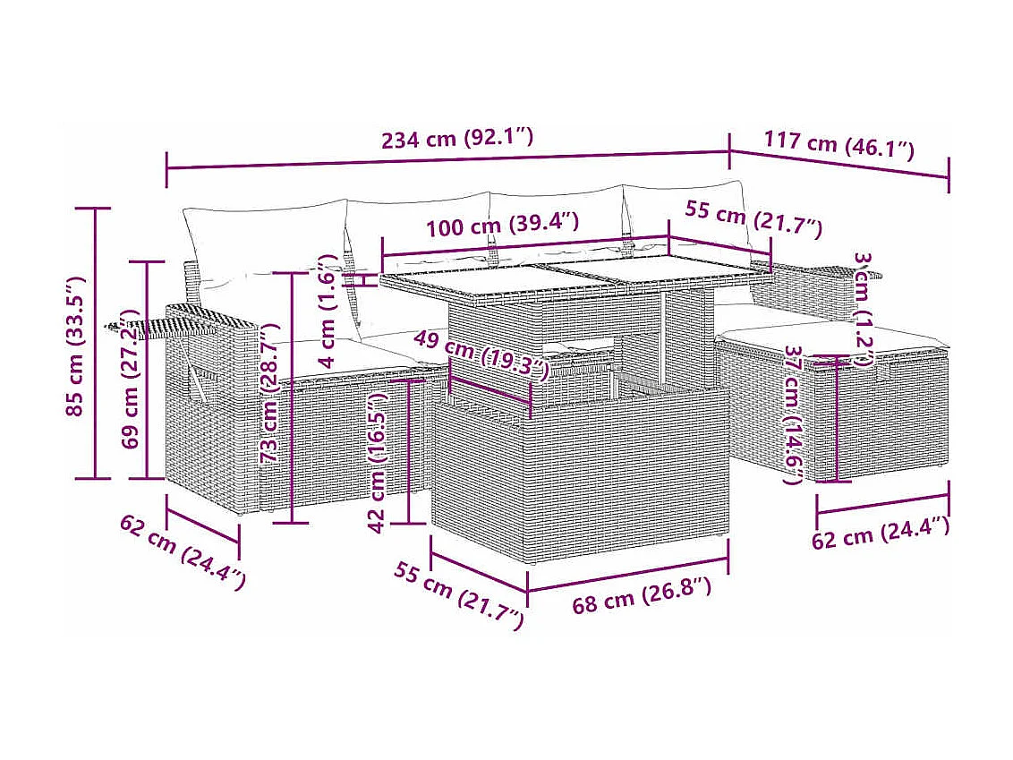 Set sofás de jardín 6 piezas y cojines ratán sintético marrón