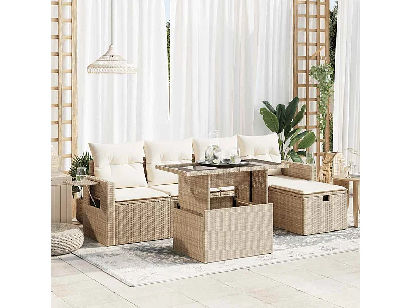Salon de jardin avec coussins 6 pcs beige résine tressée