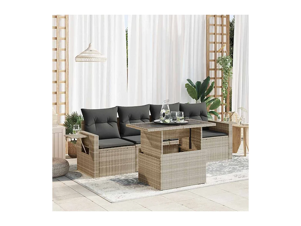 Salon de jardin 5 pcs avec coussins gris clair résine tressée