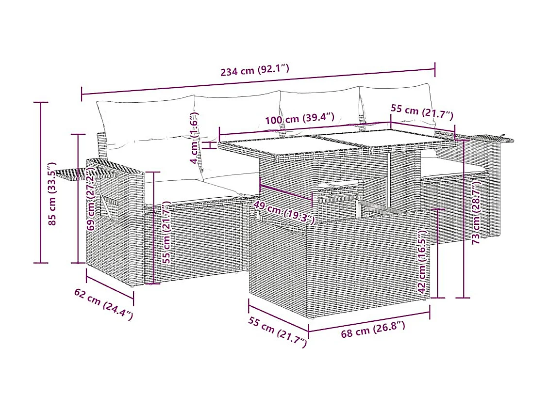 Salon de jardin 5 pcs avec coussins gris clair résine tressée