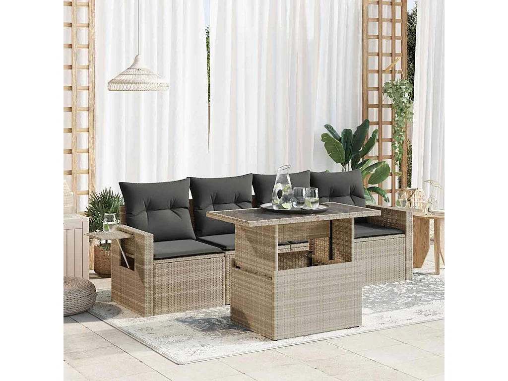 Salon de jardin 5 pcs avec coussins gris clair résine tressée