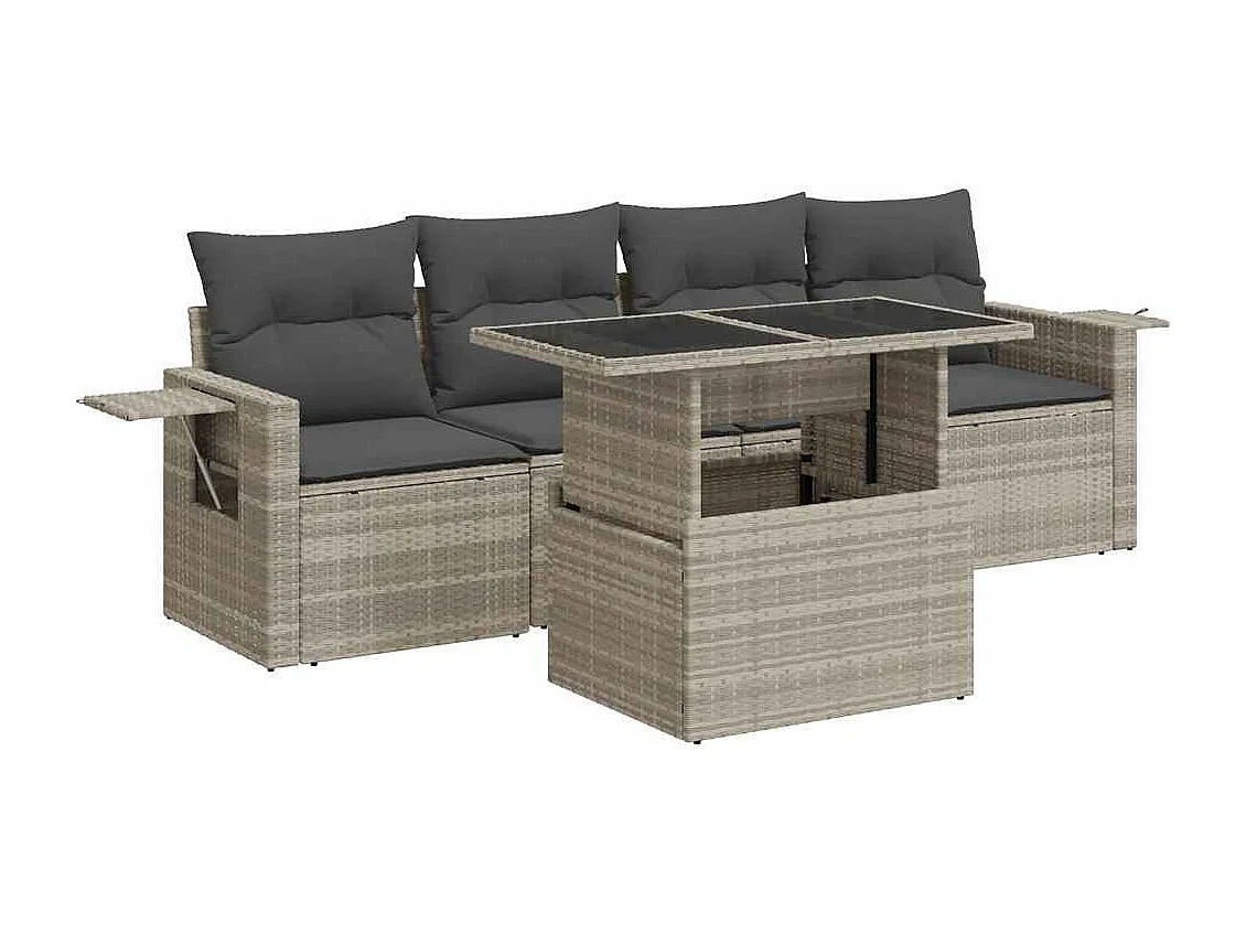 Salon de jardin 5 pcs avec coussins gris clair résine tressée