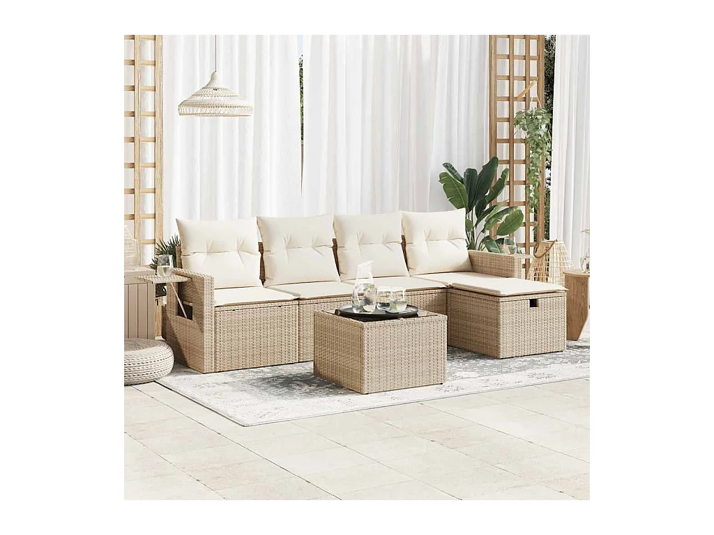 6-delige Loungeset met kussens poly rattan beige