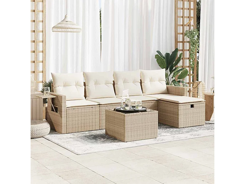 Salon de jardin avec coussins 6 pcs beige résine tressée