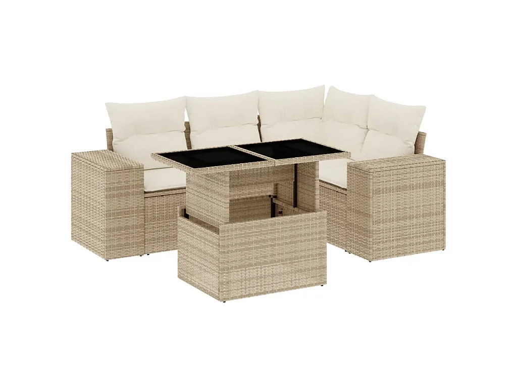 Salon de jardin avec coussins 5 pcs beige résine tressée