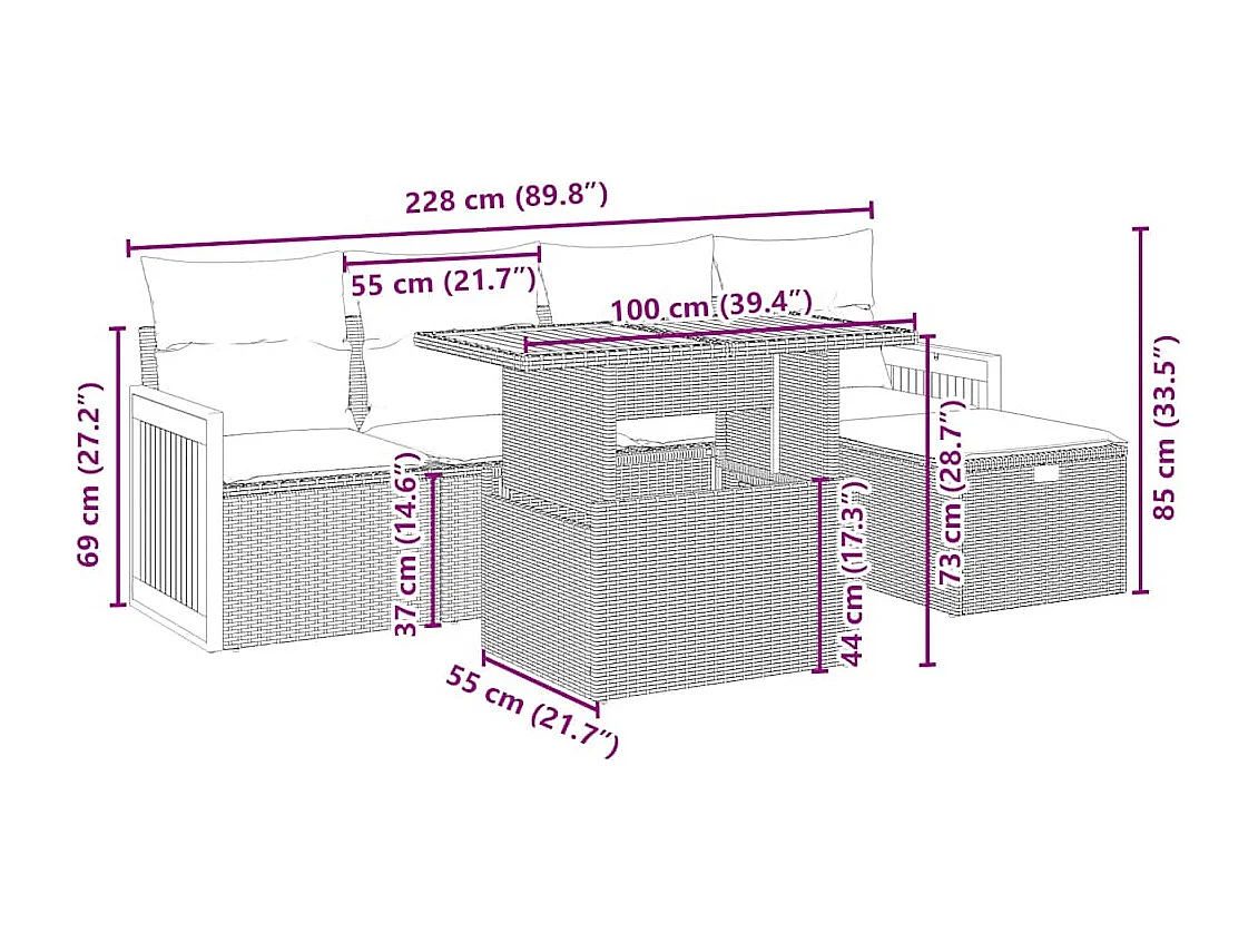6 pcs conjunto de sofás p/ jardim com almofadões vime PE bege