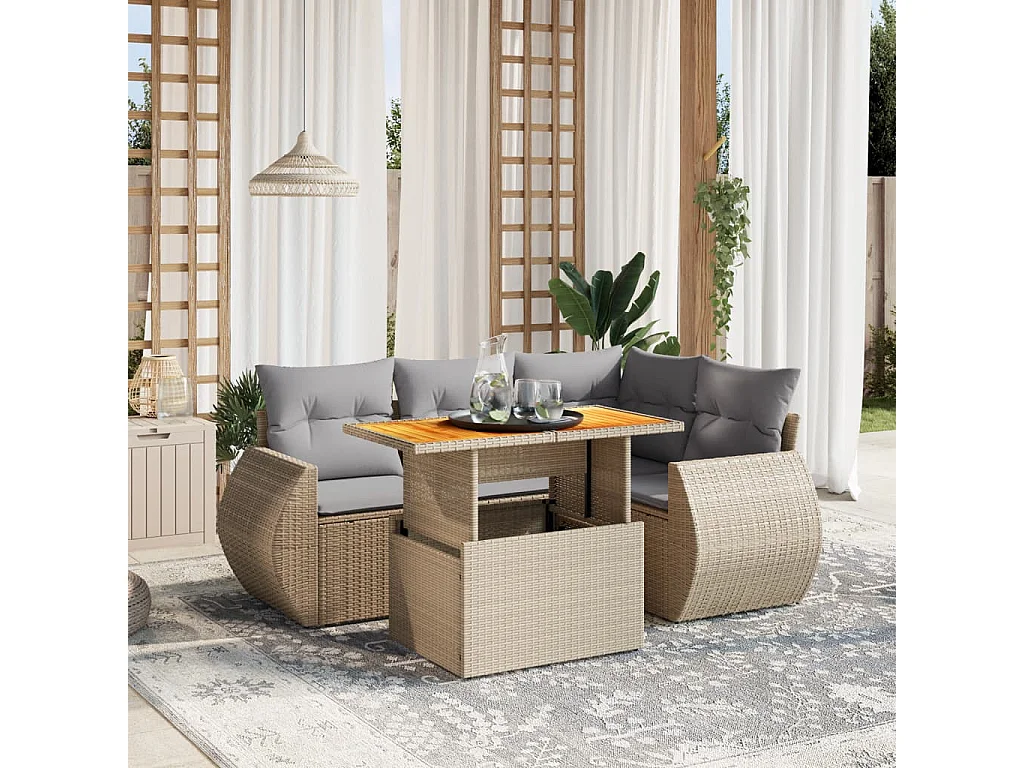 Salon de jardin avec coussins 5 pcs beige résine tressée