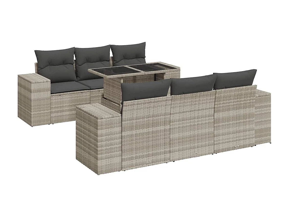 7-tlg. Garten-Sofagarnitur mit Kissen Hellgrau Poly Rattan