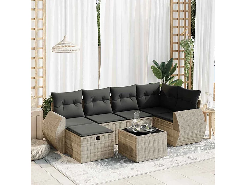 Set Divani da Giardino 7pz con Cuscini Grigio Chiaro Polyrattan