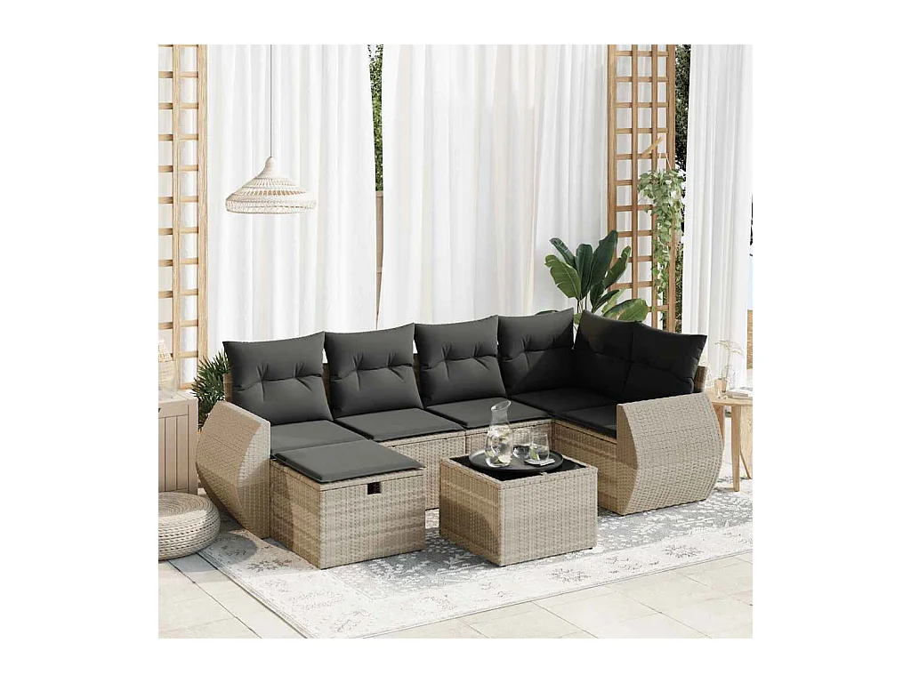 Salon de jardin avec coussins 7 pcs gris clair résine tressée