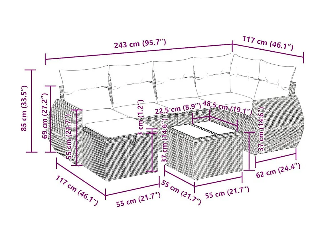 7-tlg. Garten-Sofagarnitur mit Kissen Hellgrau Poly Rattan