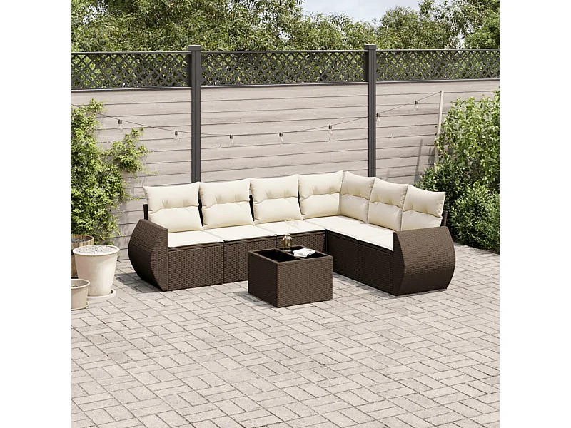 Salon de jardin avec coussins 7 pcs marron résine tressée