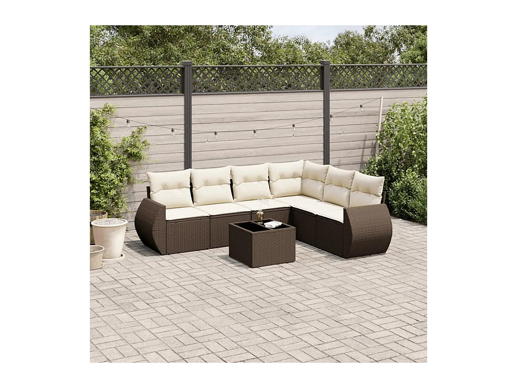 Salon de jardin avec coussins 7 pcs marron résine tressée
