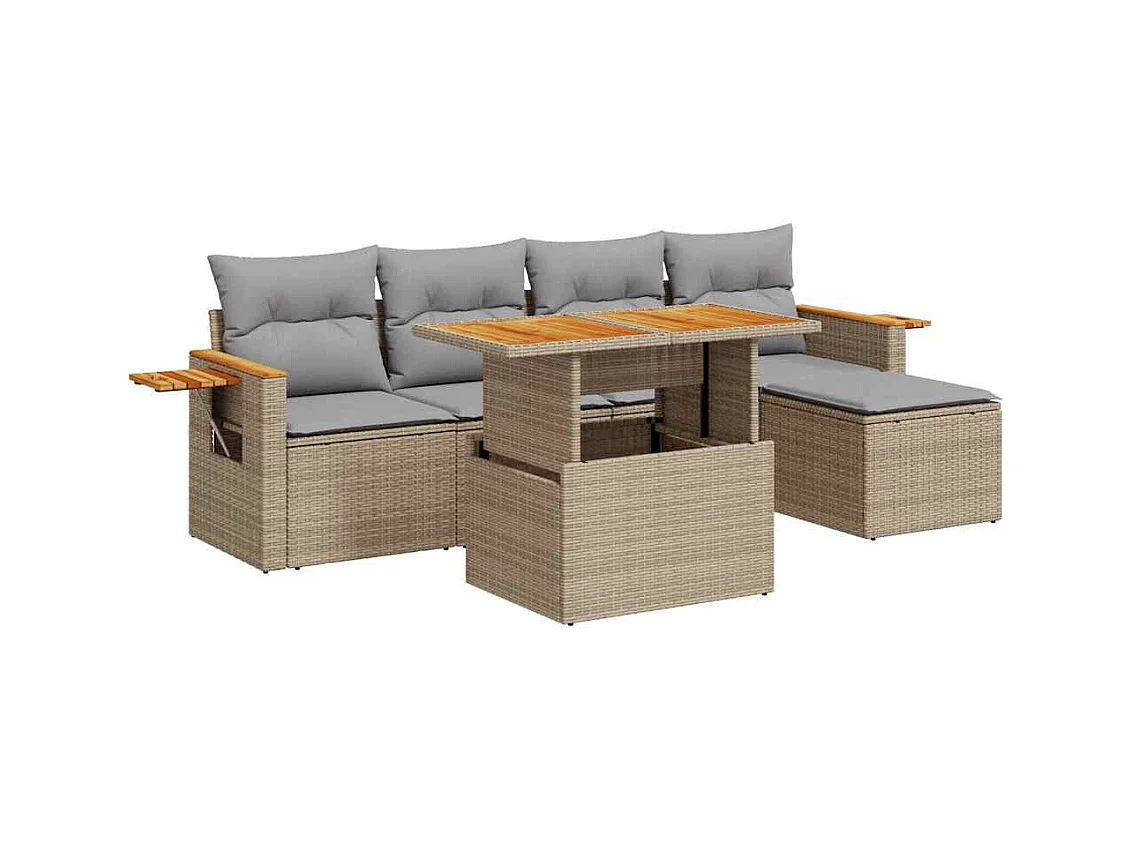 6-tlg. Garten-Sofagarnitur mit Kissen Beige Poly Rattan Akazie