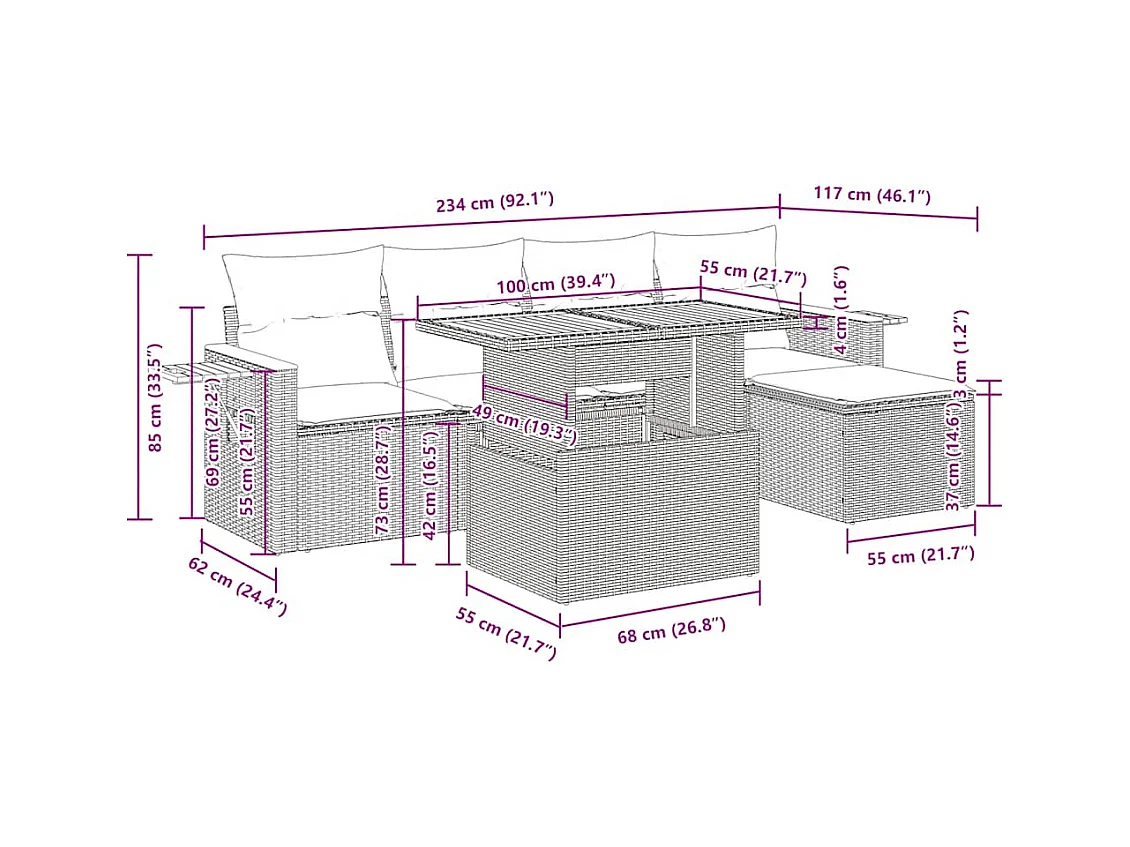 6-tlg. Garten-Sofagarnitur mit Kissen Beige Poly Rattan Akazie