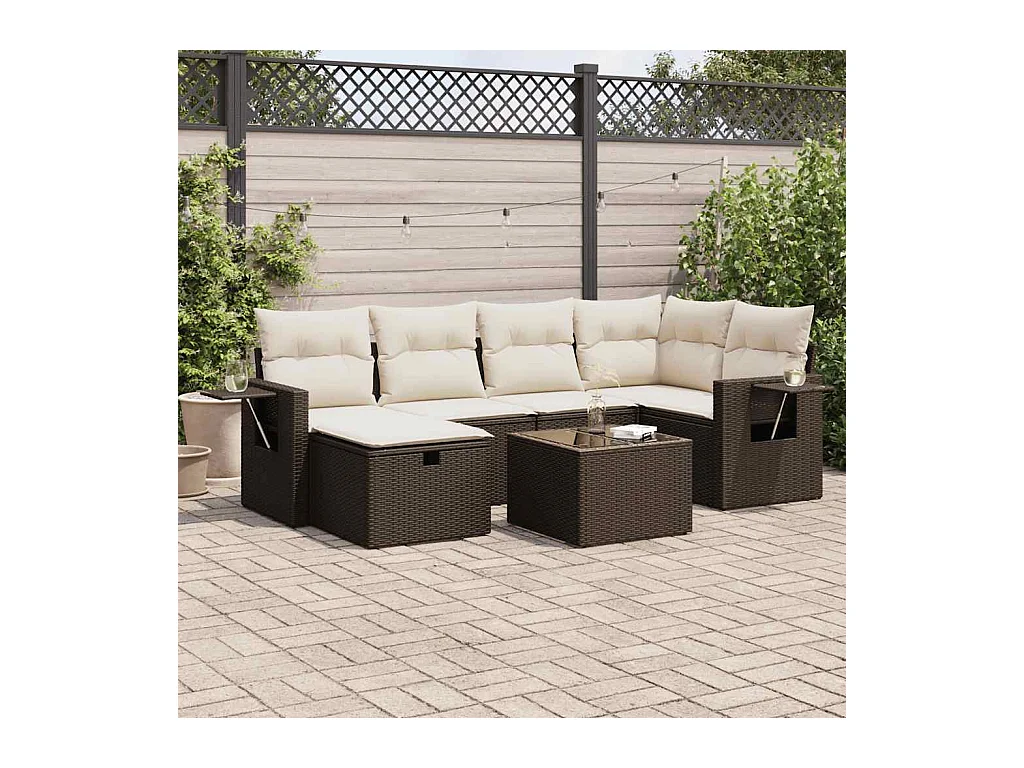 Salon de jardin avec coussins 7 pcs marron résine tressée