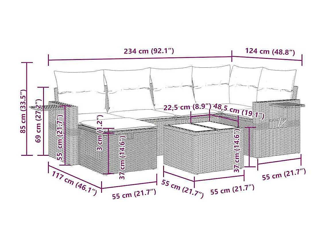 Salon de jardin avec coussins 7 pcs marron résine tressée
