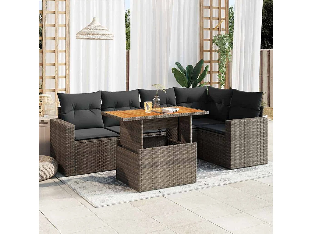 Salon de jardin 6 pcs avec coussins gris résine tressée