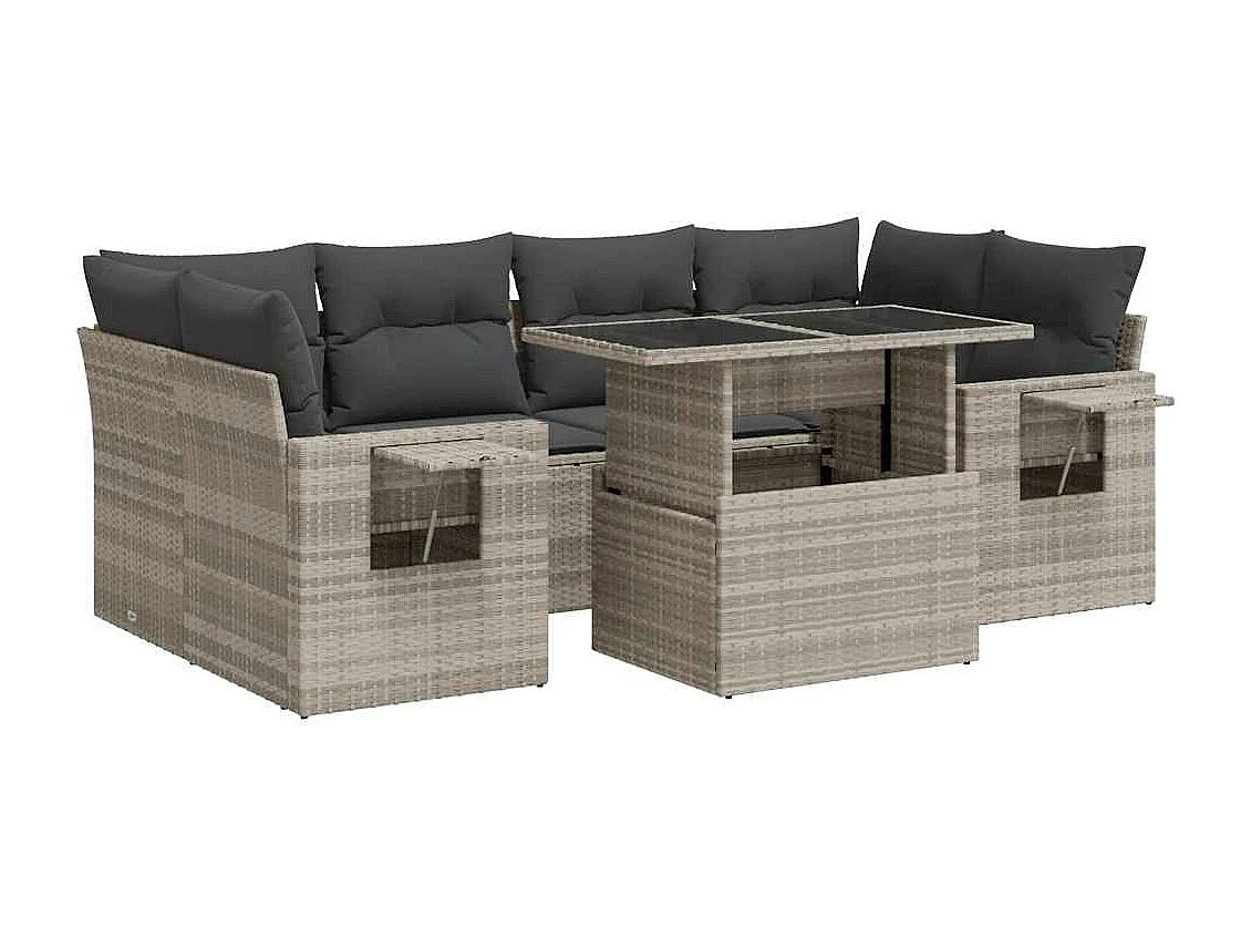 Salon de jardin avec coussins 7 pcs gris clair résine tressée