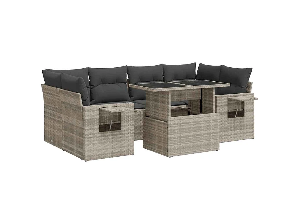 7-delige Loungeset met kussens poly rattan lichtgrijs