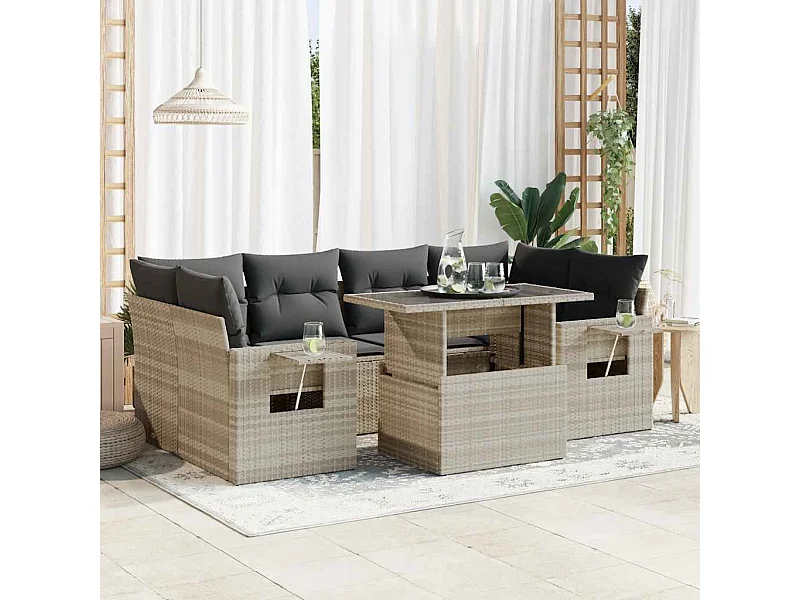 Salon de jardin avec coussins 7 pcs gris clair résine tressée