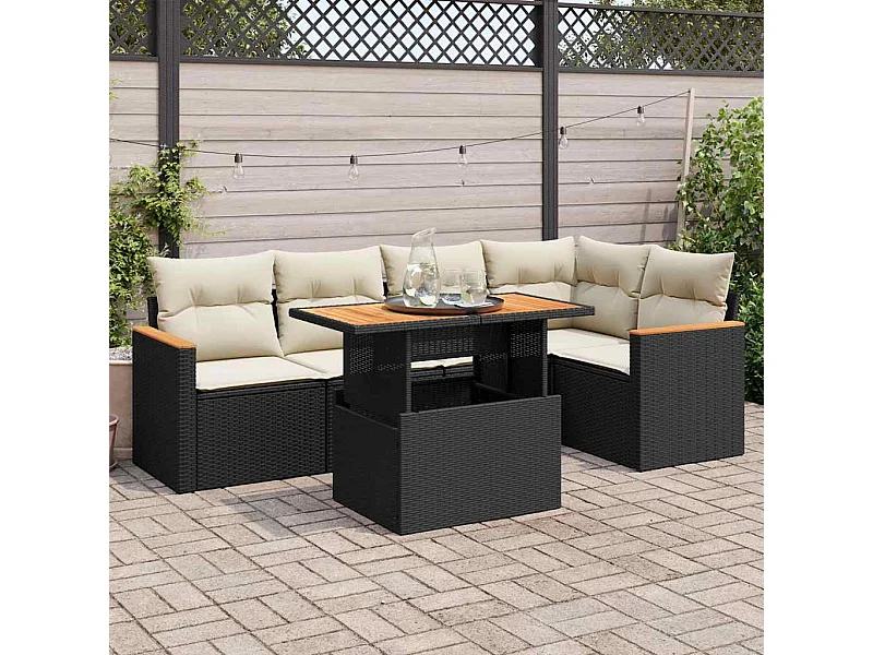 Set Divano da Giardino 6 pz con Cuscini Nero Polyrattan Acacia