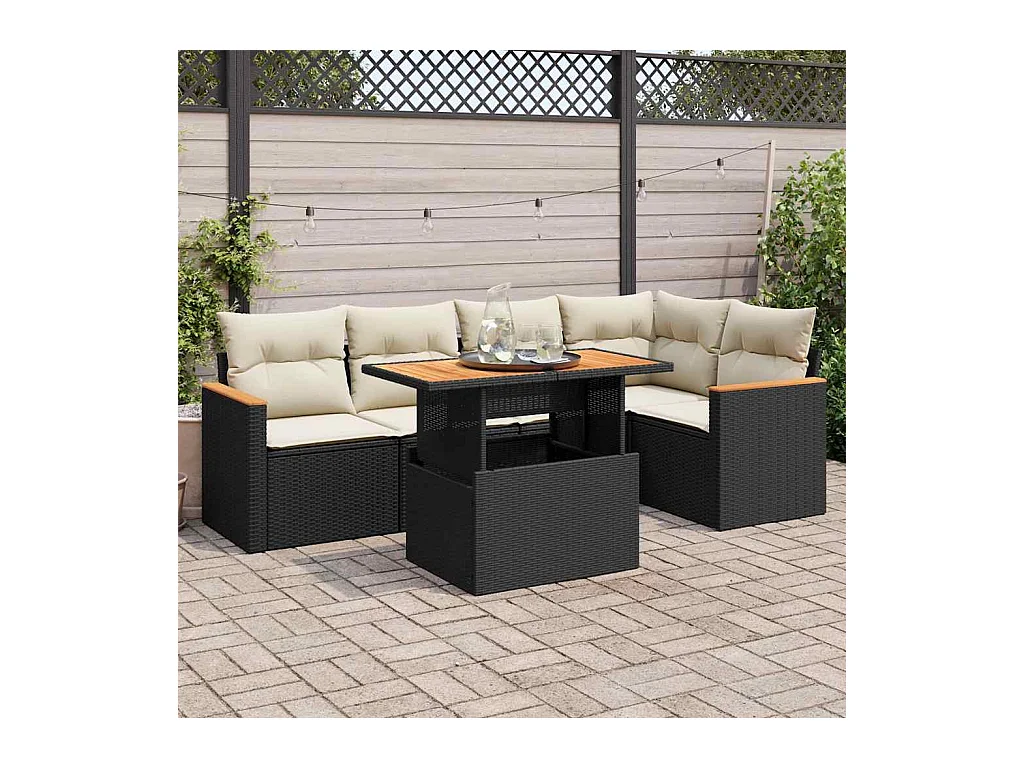 6-tlg. Garten-Sofagarnitur mit Kissen Schwarz Poly Rattan