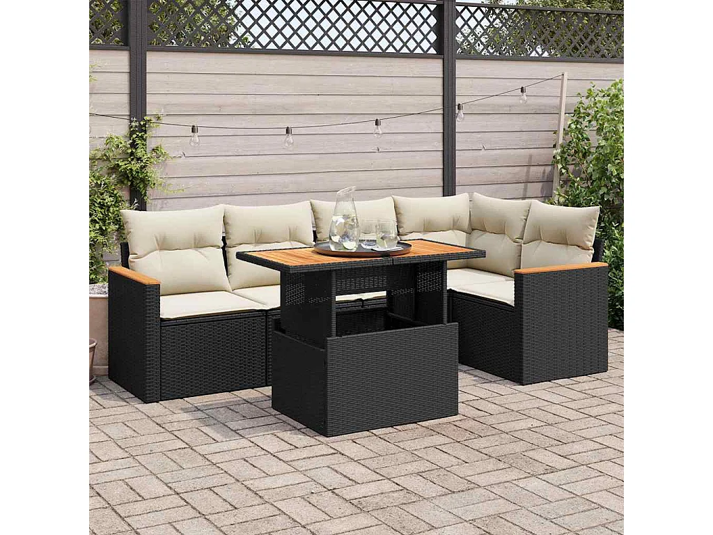 Salon de jardin 6 pcs avec coussins noir résine tressée acacia