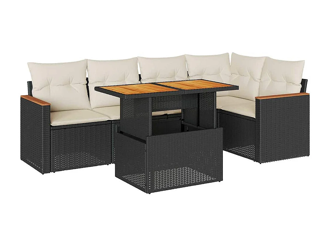 Salon de jardin 6 pcs avec coussins noir résine tressée acacia