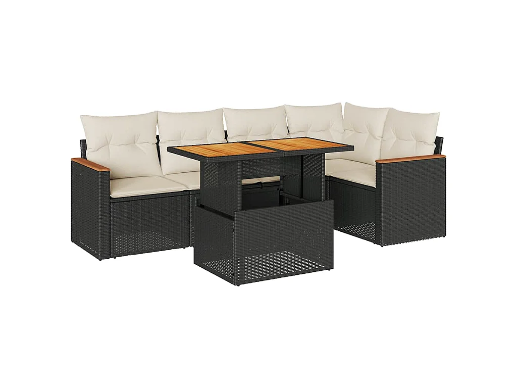 Set sofás jardín y cojines 6 pzas ratán sintético acacia negro
