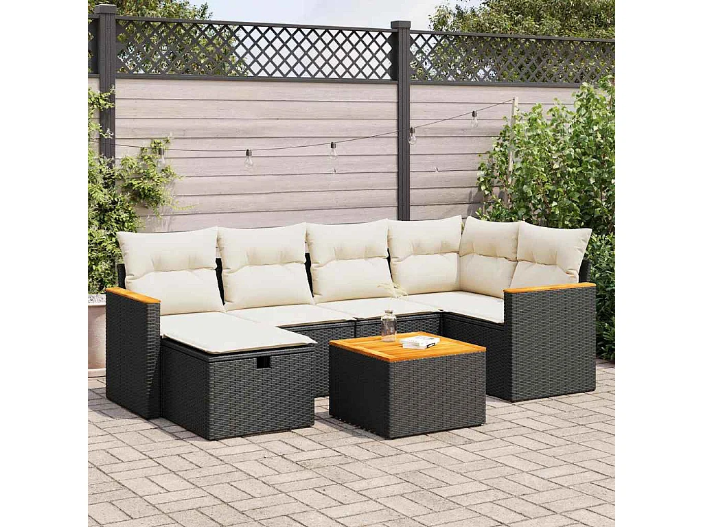 7-tlg. Garten-Sofagarnitur mit Kissen Schwarz Poly Rattan