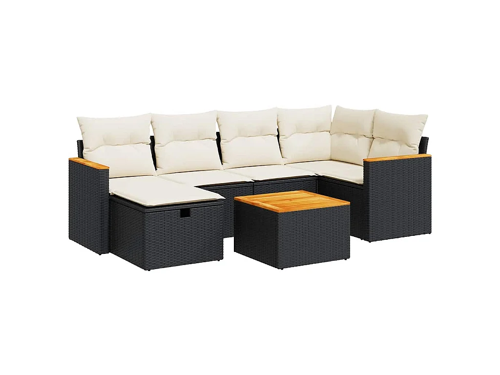 7-tlg. Garten-Sofagarnitur mit Kissen Schwarz Poly Rattan