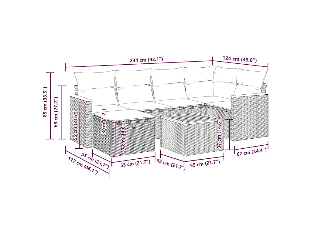 7-tlg. Garten-Sofagarnitur mit Kissen Schwarz Poly Rattan