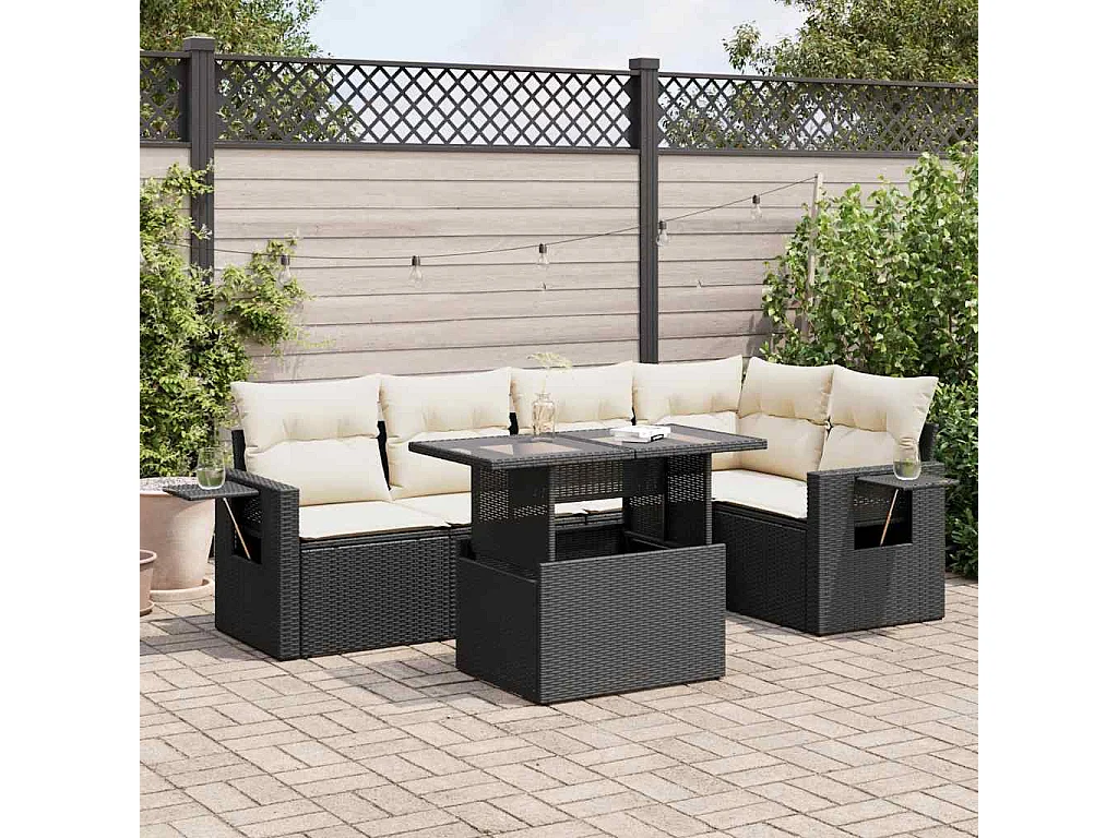 Set Divano da Giardino 6 pz con Cuscini Nero in Polyrattan
