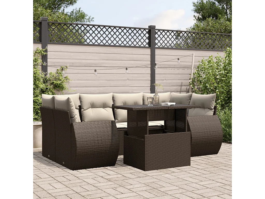 Salon de jardin avec coussins 7 pcs marron résine tressée