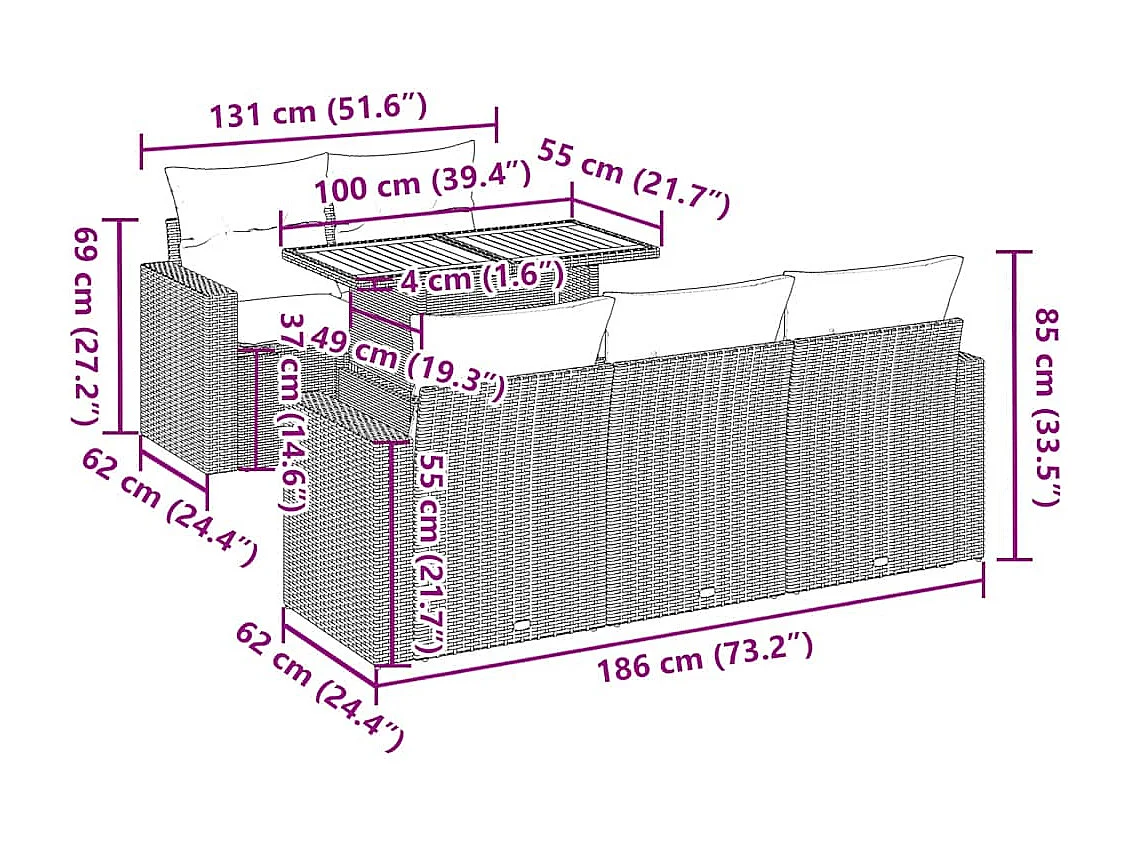 Salon de jardin 6 pcs avec coussins gris résine tressée
