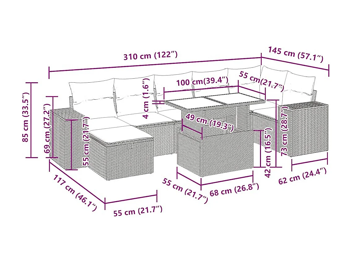 Salon de jardin 5 pcs avec coussins noir résine tressée