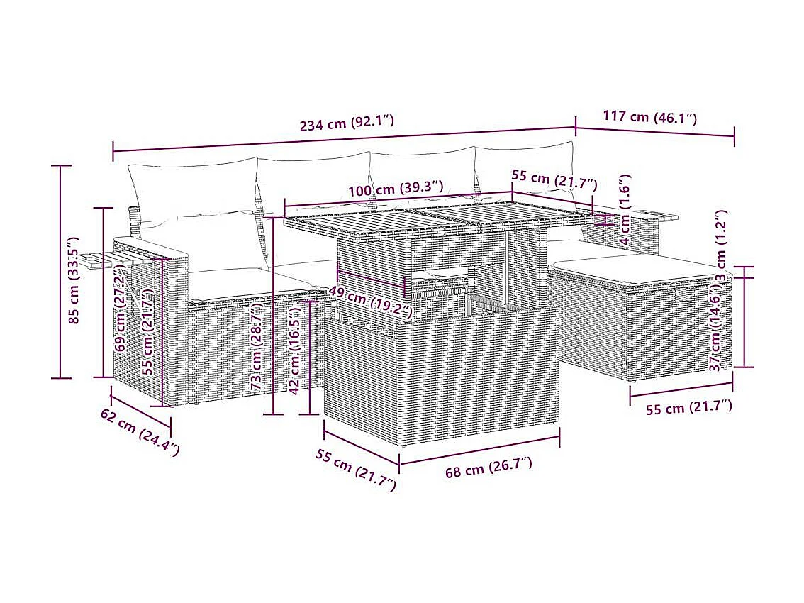 6-delige Loungeset met kussens poly rattan beige