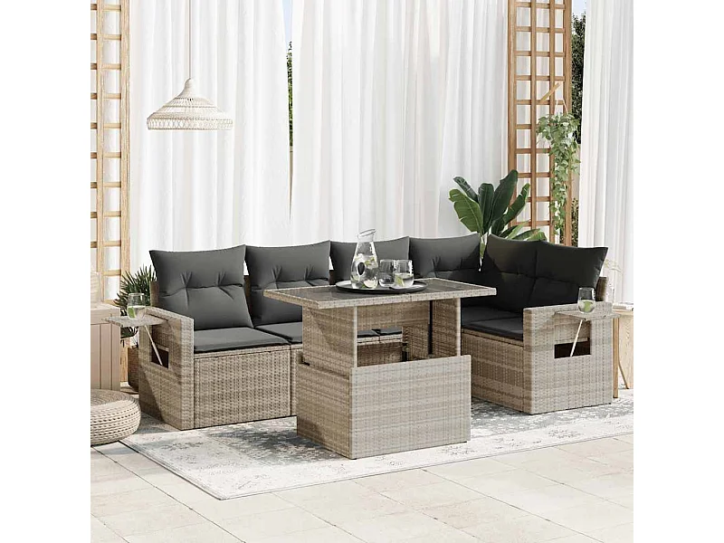 6-tlg. Garten-Sofagarnitur mit Kissen Hellgrau Poly Rattan