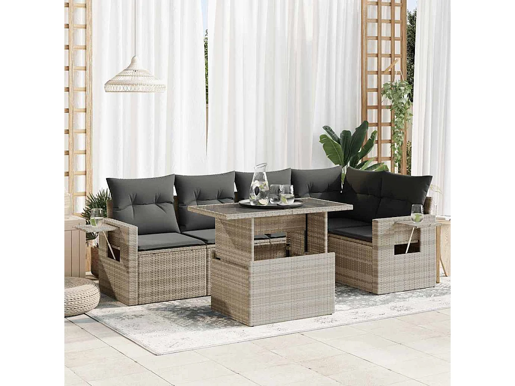 6-tlg. Garten-Sofagarnitur mit Kissen Hellgrau Poly Rattan
