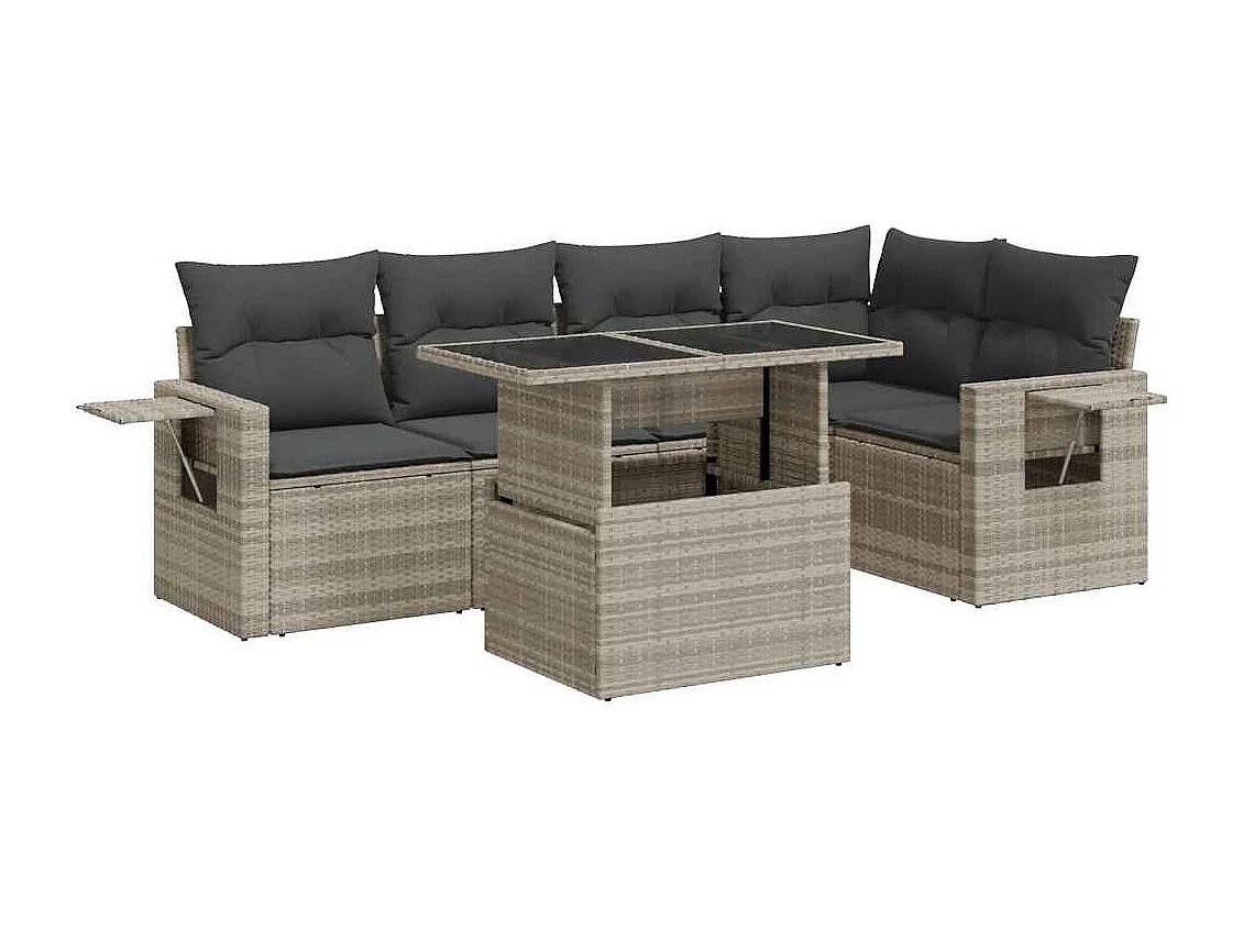 Salon de jardin 6 pcs avec coussins gris clair résine tressée