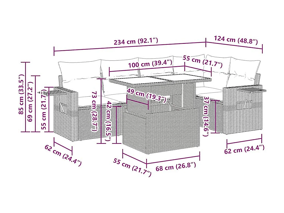 Salon de jardin 6 pcs avec coussins gris clair résine tressée