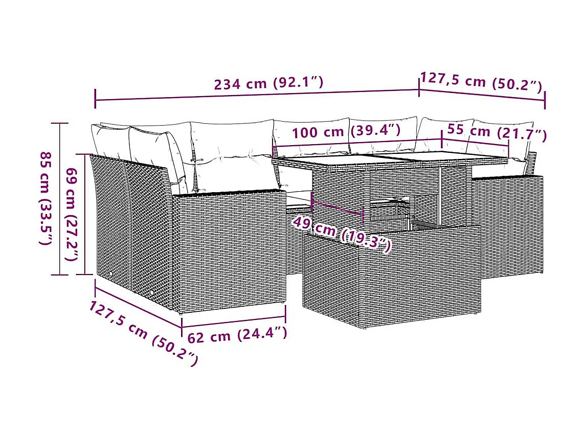 Salon de jardin avec coussins 7 pcs beige résine tressée