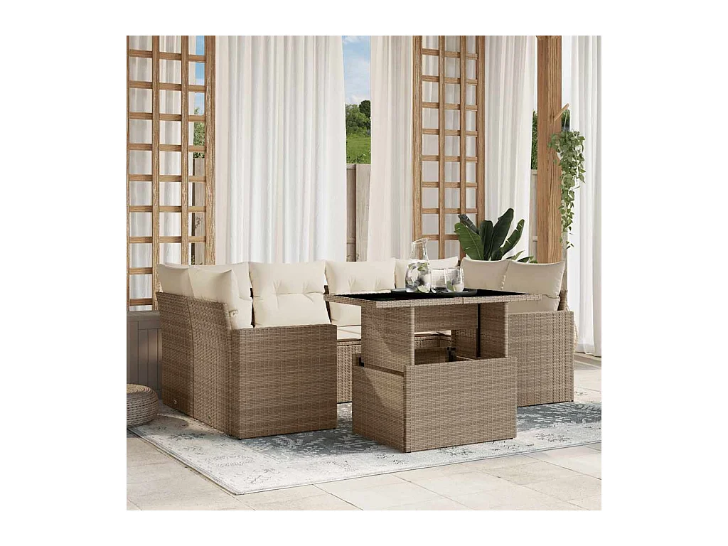 Salon de jardin avec coussins 7 pcs beige résine tressée