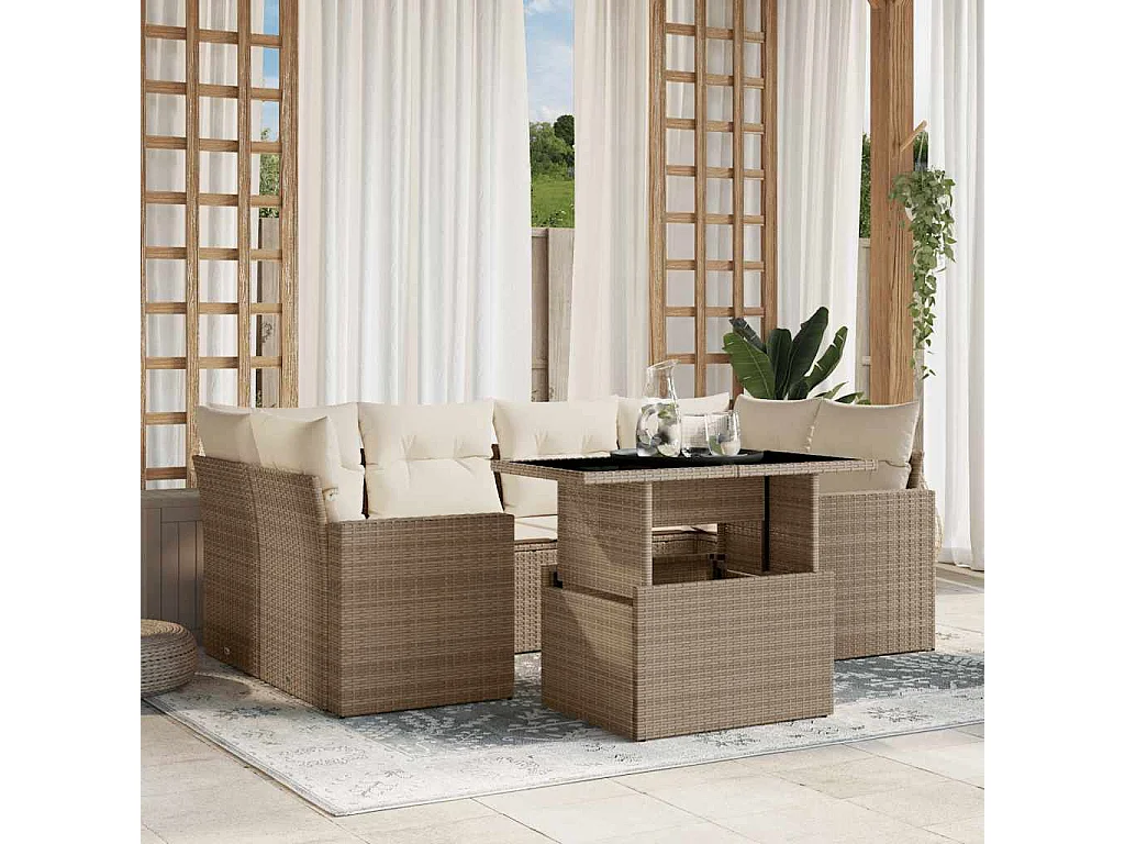 7-tlg. Garten-Sofagarnitur mit Kissen Beige Poly Rattan